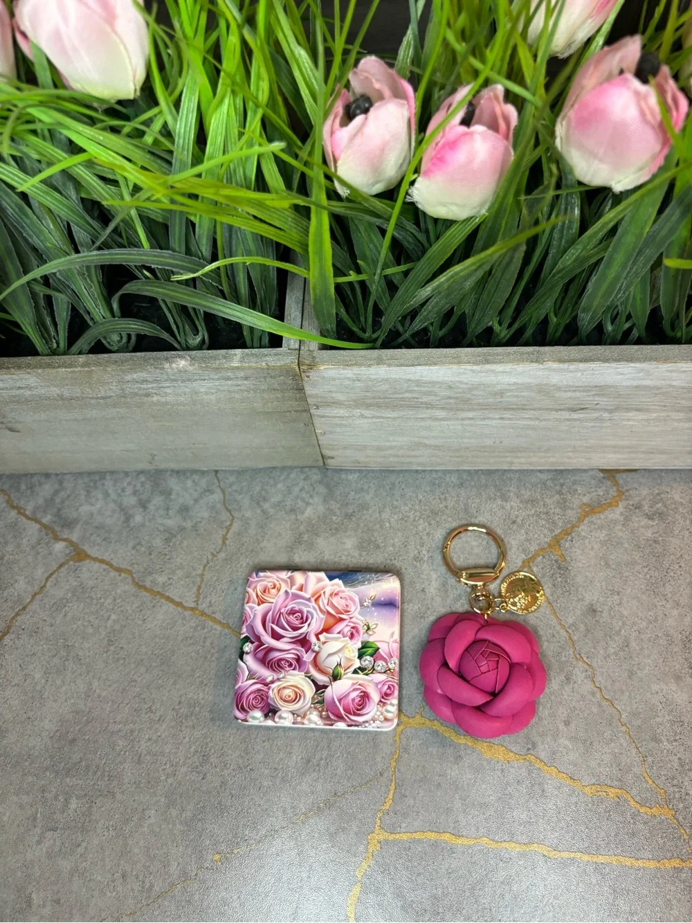 Pink Rose Key & Card Holder Set with Floral Compact and Rose Keyring